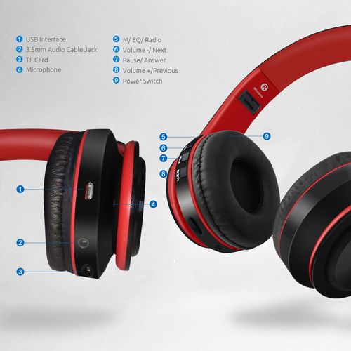 SUMEE Waterproof Over-Ear Headphones, V5.0 HD Stereo Sound Sports Wireless Over-Ear Headphones with Mic, Passive Noise Cancelling Headsets, 9 Hours Battery for Gym Running Workout Men, Women-Red