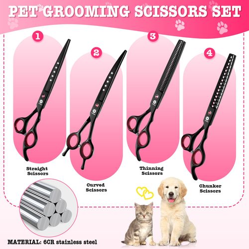 Dream Reach Dog Grooming Scissors - 7" Professional 6 in 1 Sharp Dog Shears Set Thinning, Chunker, Straight, Curved Shears and Comb for Dog Cat Pet, Pink