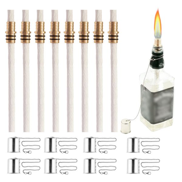 Wine Bottle Torch Kit 8 Pack, Includes 8 Long Life Torch Wicks, Lamp Cover & Brass Wick Mount(13.7 Inch,Bottle not Included)