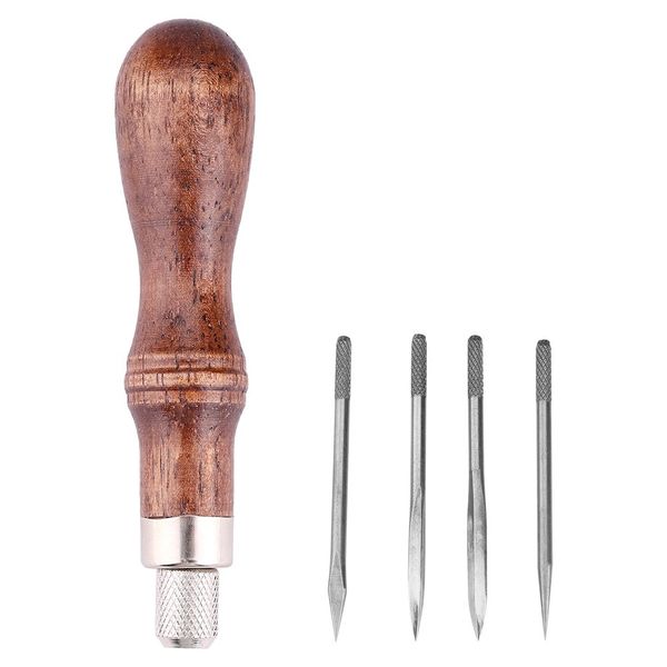 Fdit 4 in 1 Wooden Handle Leather Craft Sewing Kit Diamond Awl DIY Hole Punch Tool for Leather Sewing Hand Stitching