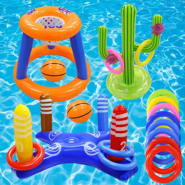 GEMLE Pool Toys Games Set of Pool Basketball Hoop Inflatable Cross Ring Toss Game and Inflatable Cactus Ring Toss Kids Pool Toys for Teens Adults and Family (3 Sets Water Toys)