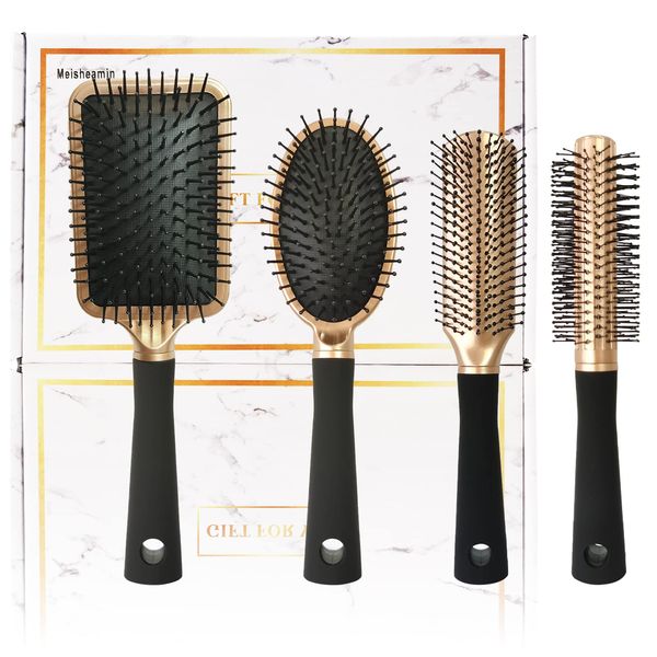 4-teiliges Haarbürsten-Set, professionelle Styling-Haarbürste für Männer und Frauen, flexible weiche Nadelborsten für langes, dickes, lockiges, gewelltes, trockenes geschädigtes Haar Gold