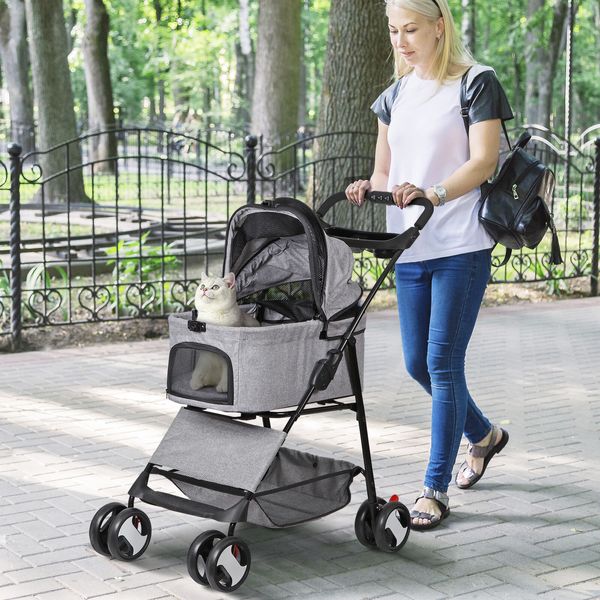 Dog Stroller Cat Stroller 3-in-1 Multifunctional 4 Wheels Lightweight Foldable