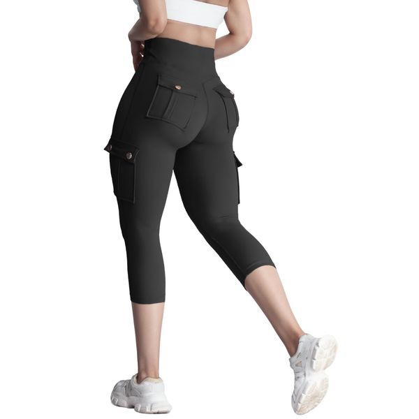 Nuofengkudu Capri Leggings für Frauen Cargotaschen Hoch Taillierte 3/4 Leggings Beschnitten Damen Bauchkontrolle Butt Lift Fitnessstudio Sport Laufstretchhose Yogahosen Workout Fitness Schwarz L