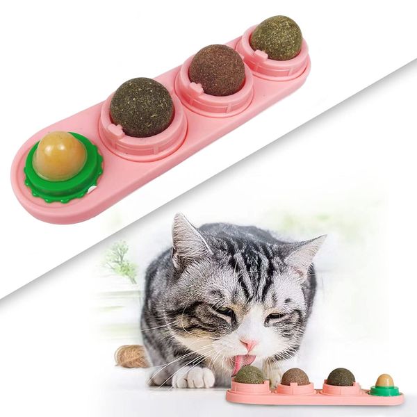 FIPASEN Catnip Wall Ball, 4 Pack Edible Cat Licking Toy for Cats Cleaning Teeth and Protecting The Stomach, Rotatable Silvervine Cat Snack Ball Toy Contains Catnip/Sugar, Kitten Chew Toys (Pink)