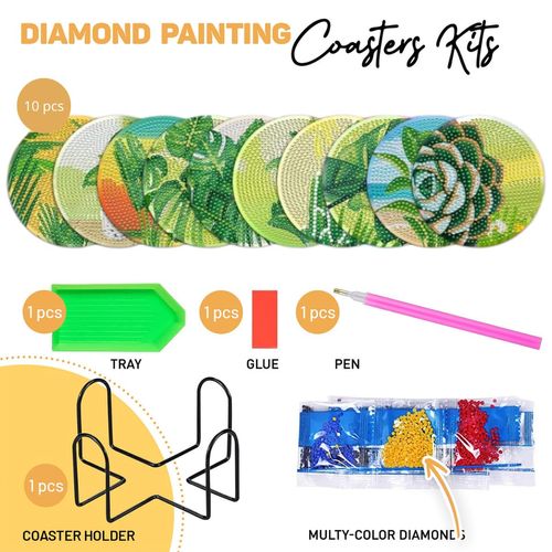 10 pcs Diamond Painting Coasters | Diamond Art Coasters | Tarot Diamond Art Painting | Perfect Art Craft Gift for Tarot Lover, Dad, Mom, Grandparents, Brother, Sister. (Leaves 2)
