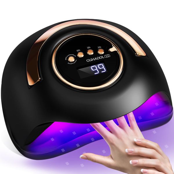 GUHAOOL Lampada Unghie UV LED, 180W Fornetto Unghie Può Curare Rapidamente, con 4 Timer 10s/30s/60s/99s,Sensore Di Avvio Automatico, LCD Display Lampada per unghie per Gel Nail Polish Light, Nero