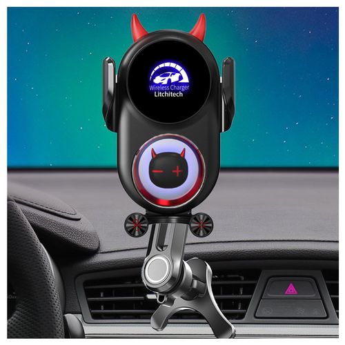 Litchitech Wireless Car Charger Mount, Phone Holder With Auto Clamping Smart Sensor, Cute Demon Design (Black)