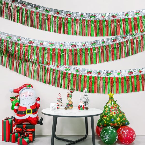 Mega-L Christmas Decorations 2Packs 39Feet Foil Fringe Garland Tinsel Streamers, Red Sliver and Green Jingling Bell Metallic Hanging Backdrop Banner Table Skirts for Parade Floats Golf Cart Holiday