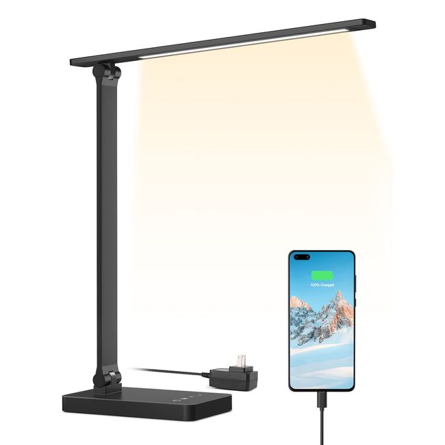 Lepro Desk Light, LED, Eye Friendly, AC Adapter Included, Desk Stand, USB Port, Ultra Brightness, Supports Both Lighting and Device Charging, (Bulb Color, White, Daylight, Touch Sensor Control, Toning Dimming, Bright, 5 Levels of Brightness, Multi-Angle A