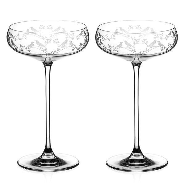 DIAMANTE Champagne Coupes Cocktail Saucers Pair with ‘Birdsong’ Collection Hand Etched Filigree Crystal Design - Set of 2