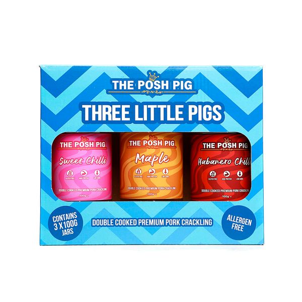 The Posh Pig - 3 x 100g Flavoured Pork Crackling Gift Set - Allergen Free - Low Carb - High Protein (Sweet & Spice (Sweet Chilli, Maple, Habanero))