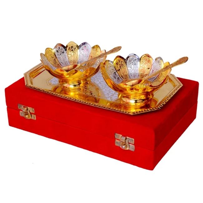 Silver & Gold Plated Brass Bowl Set 5 Pcs. (Bowls 4" Diameter & Tray 9.5" x 5.5") IND