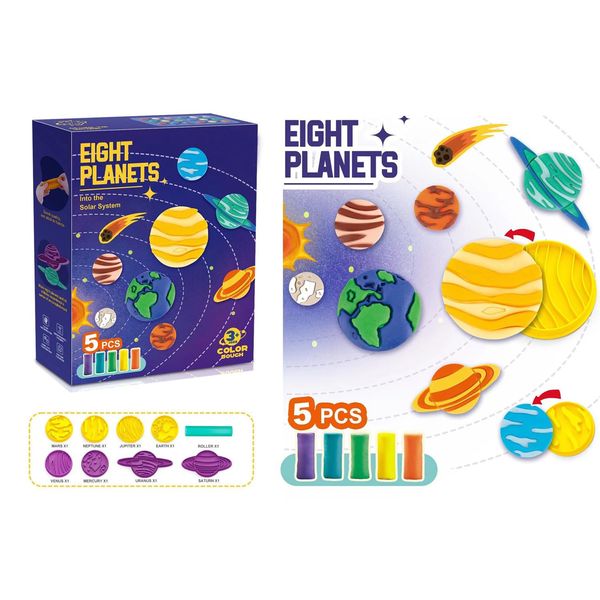 PlayDough Tools for Kid, Planets Theme Dough Set with 5 Color Doughs 8 Planets and a Rolling Pin, Best Art Toys Gift for Age 3+