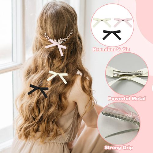 6Pcs Hair Bows for Women, Hair Ribbon Bow Hair Clips, Satin Hair Bow Clip Metal Alligator Clips, Solid Color Hair Ribbons for Women Girls Accessories, Cute Ribbon Hair Clip for Long Curly Ponytails