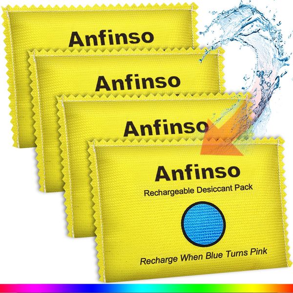 Anfinso 4 Pack X 100 Gram Rechargeable Desiccant Silica Gel Packets, Moisture Absorbers Desiccant Dehumidifier Bags for Gun Safes, Closet, Cars, Totes, Storage Bins, Reusable