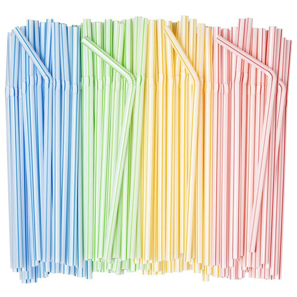Comfy Package, Flexible Disposable Plastic Drinking Straws - 7.75" High - Assorted Colors Striped [400 Pack]