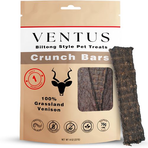 VENTUS Jerky Crunch Bars – All Natural, Wild Venison Treats, Healthy, Single-Ingredient, Raw Air-Dried, High Protein Bar, No Additives, Grain Free, Treat or Training Reward for Dogs, 8 oz