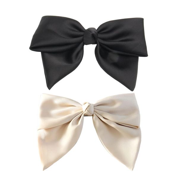 XPEX 2er-Pack Damen-Haarspangen mit Schleife, Haarspangen aus französischem Stoff für Frauen, Haarspangen mit Schleife, eleganter Satin-Haarschmuck für Mädchen (Schwarz und Beige)