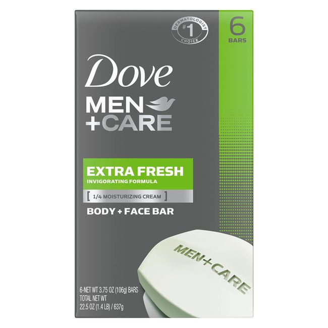 Dove Men+Care 3 in 1 Bar for Body, Face, and Shaving to Clean and Hydrate Skin Extra Fresh Body and Facial Cleanser More Moisturizing Than Bar Soap 3.75 oz 6 Bars