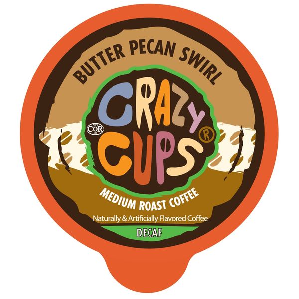 Crazy Cups Flavored Decaf Coffee Pods, Decaf Butter Pecan Coffee, Decaf K Cups for Keurig K Cups Machines, Hot or Iced Coffee, Single Serve Decaffeinated Coffee in Recyclable Pods, 22 Count