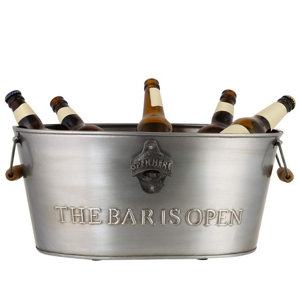 Beer Bucket Iron Ice Drink Chiller Cooler Tub with Bottle Opener Recycled Iron "The Bar is Open" Grey Ice Cooler Bucket Party Decoration