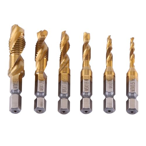 Drill and Tap Bit, 6Pcs Tap and Die Set or Metric Thread M3-M10 Titanium Coated HSS Drill and Tap Bits 1/4" Hex Shank Fluted Screw Thread Plug Tap Use for Tapping Various Threads