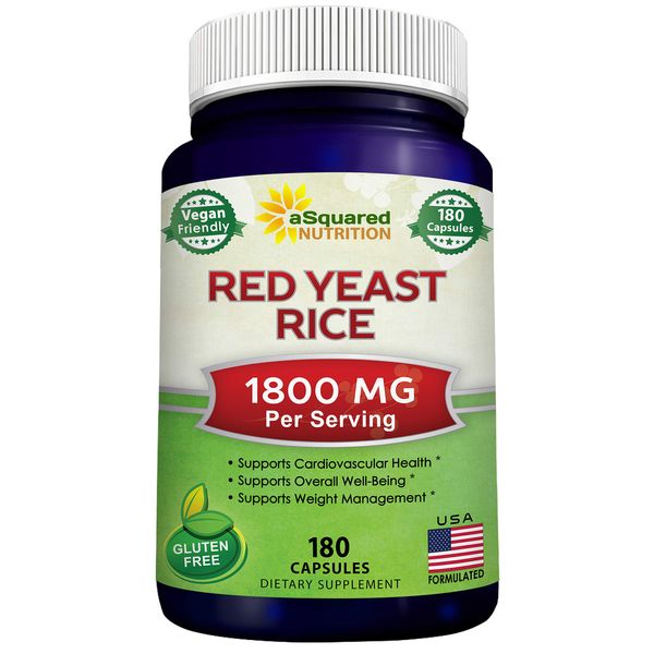 aSquared Nutrition Red Yeast Rice 1800mg - Dietary Supplement Vegan Powder Pills to Support Cardiovascular Health - 180 Veggie Capsules