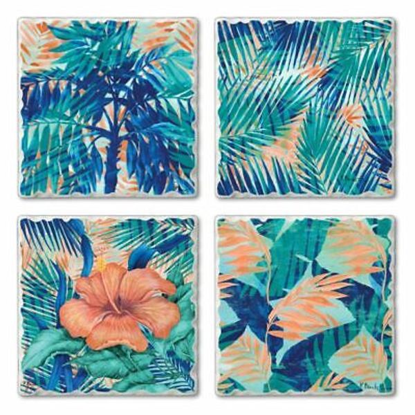 Tumbled Tile Coaster Set of 4 "Miami Palms & Flowers" Home Deco   #1578