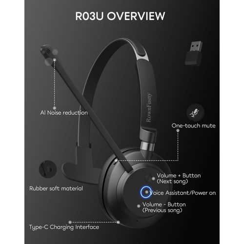 Rownfusny Wireless Headset with Mic, Bluetooth 5.3 Mono Computer Headphones for Work, Bluetooth Headsets with USB Dongle & Noise Reduction Microphone for PC, Phone, Laptop, Office, Home