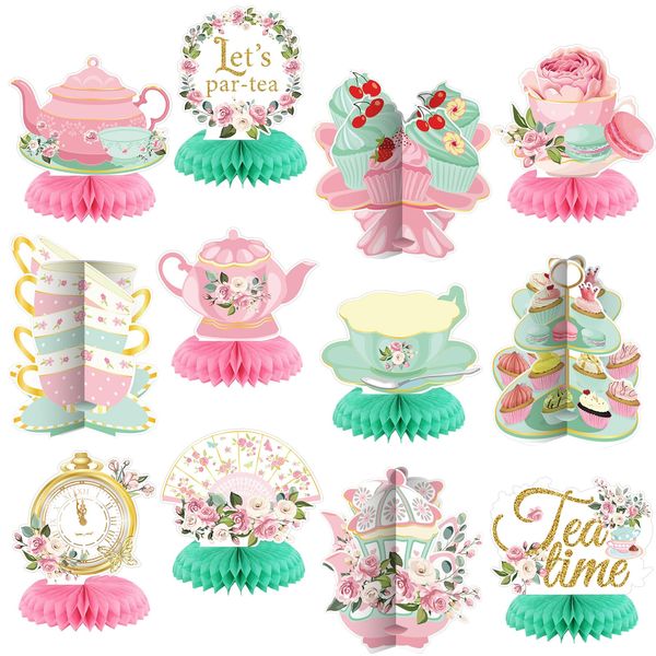 Liliful 12 Pcs Tea Party Decorations Floral Teapot Cake Tea Party Honeycomb Centerpieces Princess Tea Party Supplies Table Tea Party Decor for Birthday Baby Shower Wedding Favors Girls Women