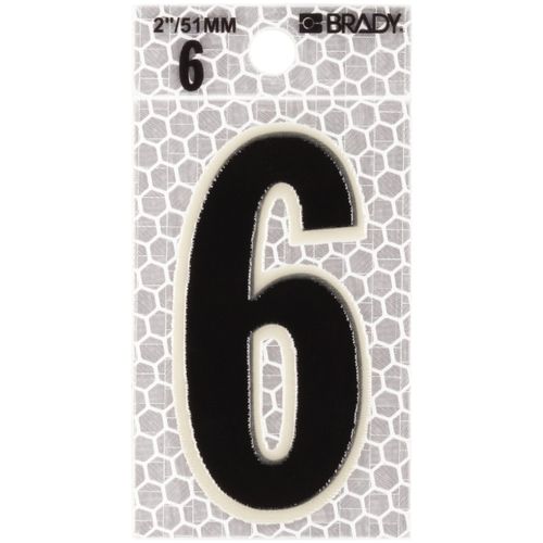 Brady 3000-6 2-3/8" Height, 1-1/2" Width, B-309 High Intensity Prismatic Reflective Sheeting, Black And Silver Color Glow-In-The-Dark/Ultra Reflective Number, Legend "6" (Pack Of 10)