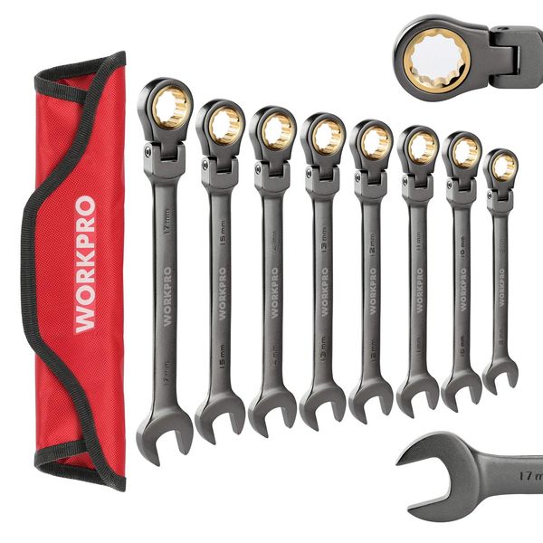 WORKPRO 8-piece Flex-Head Ratcheting Combination Wrench Set, Metric 9-17 mm, 72-Teeth, Cr-V Constructed, Nickel Plating with Organization Bag