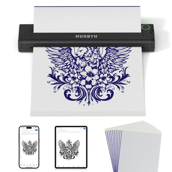 MUNBYN Tattoo Stencil Printer ITP05, Wireless Thermal Tattoo Printer with 10 Transfer Papers, Compatible with Android and iOS Phone/Tablet & PC, Tattoo Kit for Tattoo Artists & Beginners