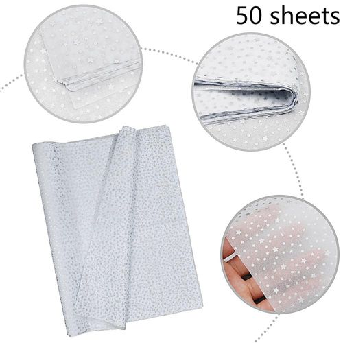 50pcs 50 * 35cm Silver Star White Tissue Paper,50 * 35cm Wrapping Paper Bulk for Christmas Wedding Birthday DIY Gift Decorations