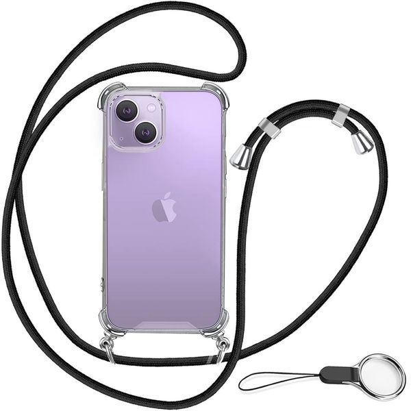 OJBSEN iPhone 14 Case, iPhone 14 Cover with 2 Types of Straps, Adjustable Shoulder Strap, Neck Strap, Crossbody Strap, Thin, Transparent PC + Lightweight Silicone TPU Bumper Cover with Strap Hole, Shockproof, Scratch-Resistant, Full Protection, US Militar