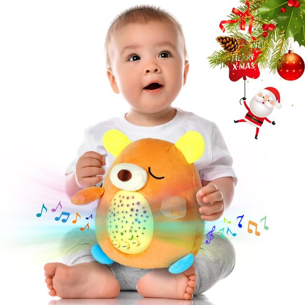 Baby Soother Stuffed Animal Night Light with Sound Machine - Baby Crib Soother with Music and Lights - Baby Sleep Soother Stuffed Animal Light - Baby Soother and Light Belly with Stars (Teddy Bear)