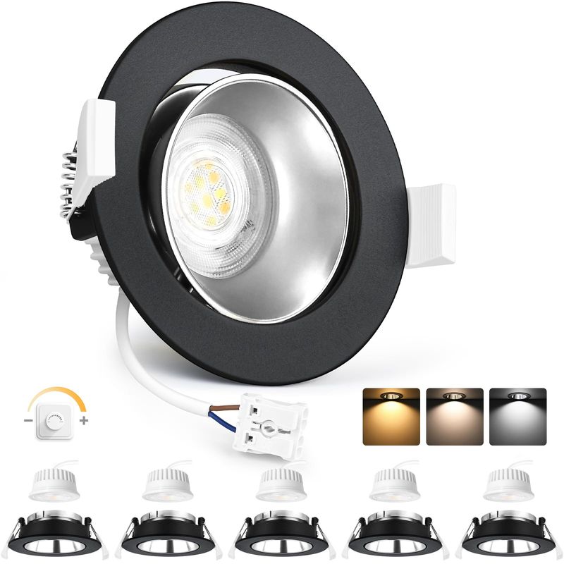YindaLux 6x LED inbouwspots 230V dimbaar zwenkbaar LED spots 5W IP44 plafondspots 3000K/4000K/6000K inbouwspot 120° stralingshoek voor badkamer, keuken,woonkamer, gatmaat 68-80mm, zwart