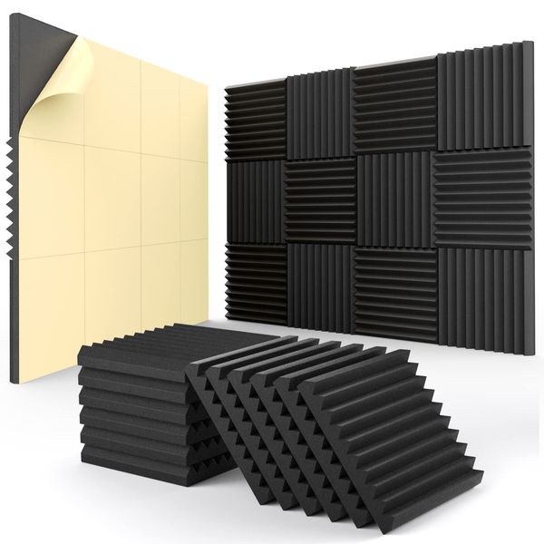 12 pack Acoustic Panels Self-Adhesive, 1" X 12" X 12" Quick-Recovery Sound Proof Foam Panels, Acoustic Foam Wedges High Density, Soundproof Wall Panels for Home Studio,Carbon Black