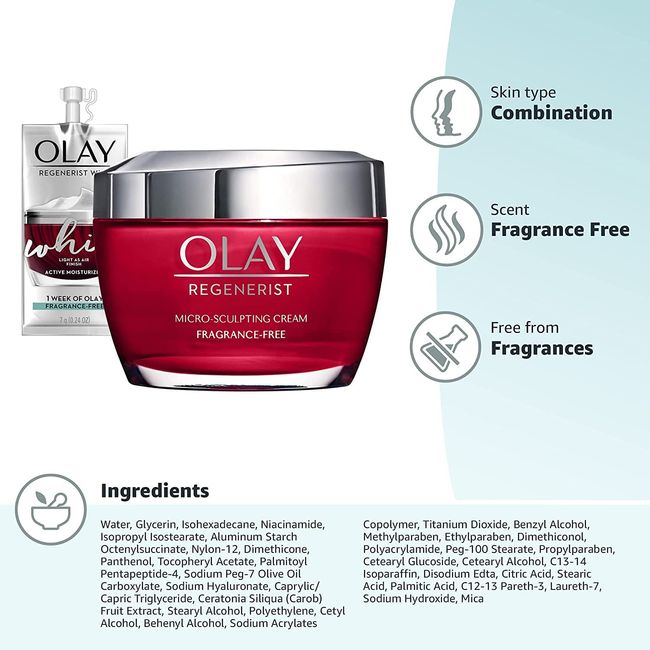 Olay Regenerist Micro-Sculpting Cream Face Moisturizer with Hyaluronic Acid  & Niacinamide, Fragrance-Free, 1.7 oz, Includes Olay Whip Travel Size for