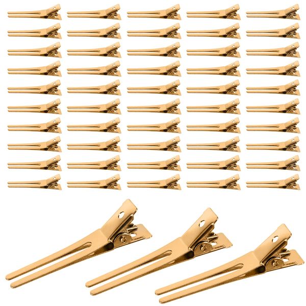 50 Stück Double Prong Clips, Metall Alligator Clips Haarnadeln, Friseur Pin Curl, für Lockige Haarproduktion, Haarverlängerung, DIY Haarschmuck (KC Gold)