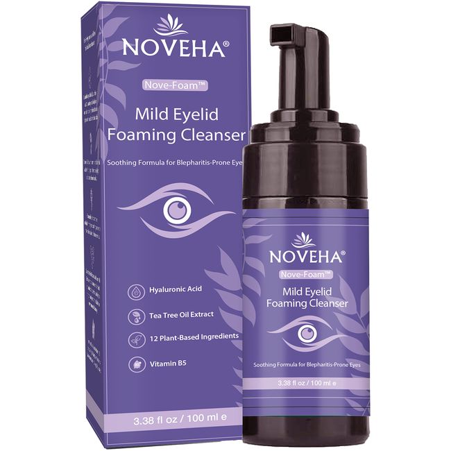 NOVEHA Lavender and Tea Tree Oil Eyelid Foaming Cleanser | Hydrating Hypoallergenic Daily Soap For Eyelashes and Lids, For Demodex, MGD, Stye Eye, Eye Irritations & Dry Skin | 3.38 fl oz (100ml)