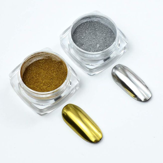 Metallic Chrome Powder, 2 Jars Nail Art Mirror Glitter Effect Chrome Pigment Powder Dust Gold Silver Chrome Nail Powder Manicure Tips with Sponge Applicators