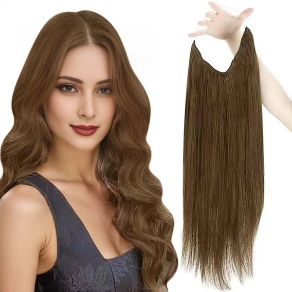 Easyouth Draht Extensions Echthaar Fish Line Draht on Haar 45 cm 80g Farbe Mittelbraun Extensions Echthaar mit Invisible Wire #4