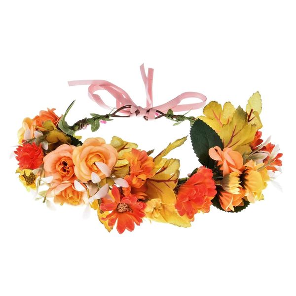 Merroyal Flower Girl Crown Bride Floral Crowns Maternity Bridesmaid Hair Wreath Wedding Photo Props (Orange)