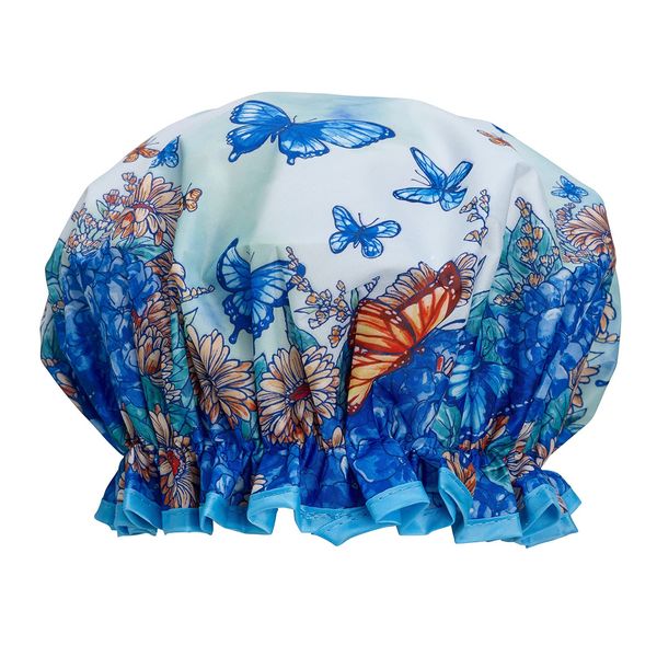 Bodylife Shower Cap Reusable Bath Cap Dual layered Waterproof Blue Butterflies 27cm