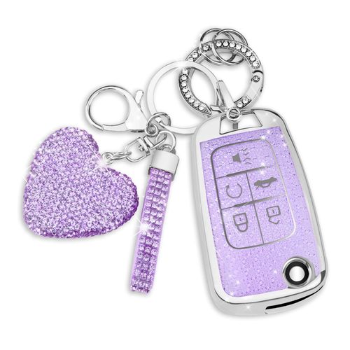 QBUC for Chevy Key Fob Cover with Diamond Keychain, for Chevrolet Equinox Malibu Camaro Cruze Impala GMC, for Buick LaCrosse Regal Allure Key Protector for Women, 5 Button (S-PURPLE)