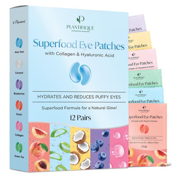 Plantifique Superfood Under Eye Masks Anti Wrinkle 12 Pairs Under Eye Patches with Hyaluronic Acid, Green Tea, Collagen for Dark Circles and Puffiness - Puffy Eyes Skincare Gel Patches for Women & Men