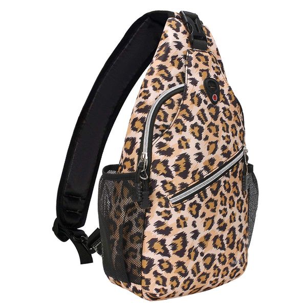 MOSISO 13 inch Sling Backpack, Multipurpose Hiking Daypack Outdoor Rope Crossbody Chest One Shoulder Bag, Leopard Print