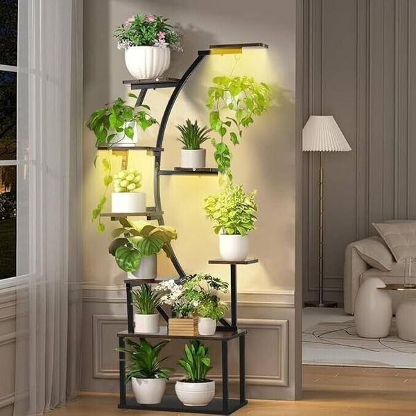 Black Plant Stand with Grow Light for Indoor Plants,9 Tiered Metal Display Shelf